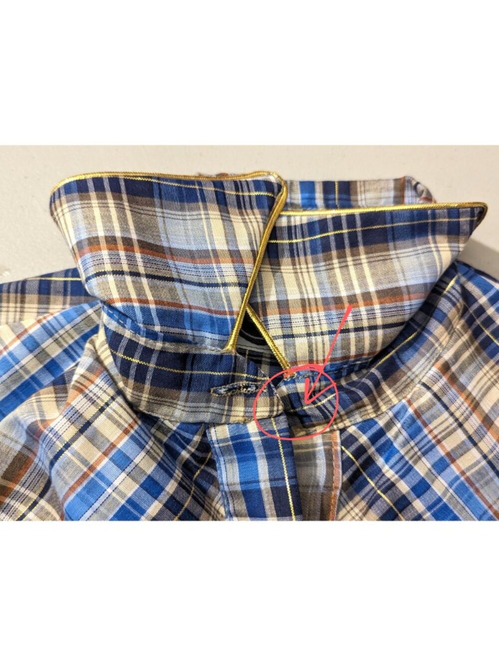 Clover Custom long sleeve blue brown plaid gold trim cowgirl Vintage Shirt M - Picture 10 of 11